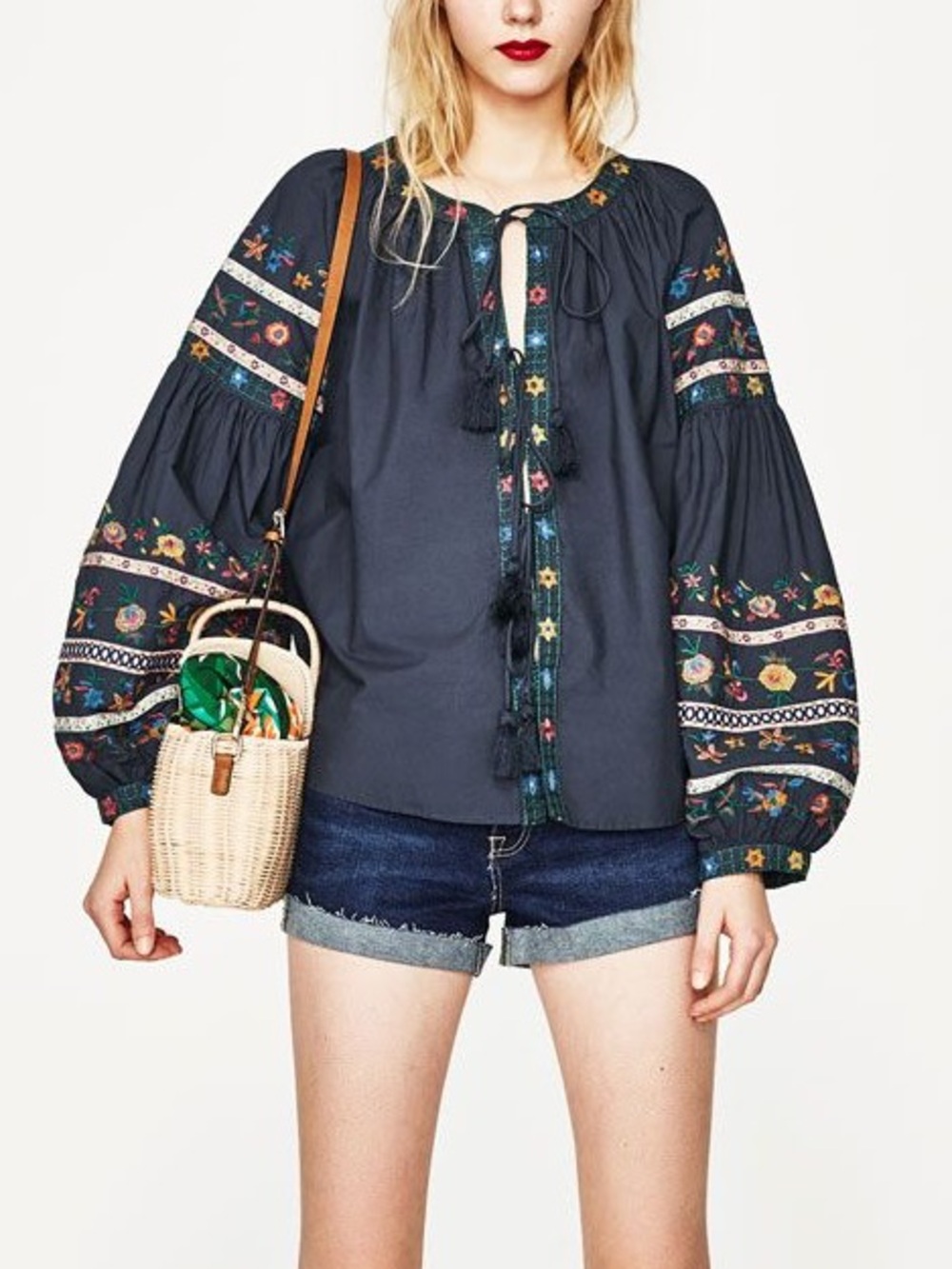 Zara Navy Embroidered Balloon-Sleeve Blouse